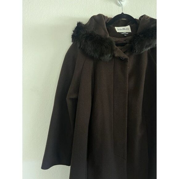 John Weitz Vintage Brown Wool Rabbit Fur Trim Hooded Wool Over Coat Size 14P - Picture 11 of 12